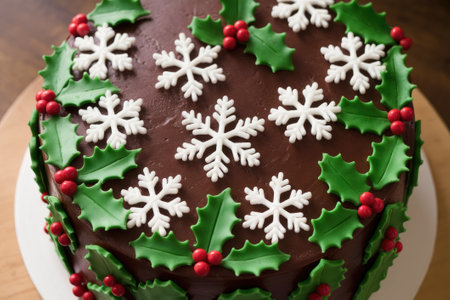 Chocolate Christmas cake decorated with fondant holly leaves, red berries and white snowflakes, perfect for Christmas celebrationsの素材