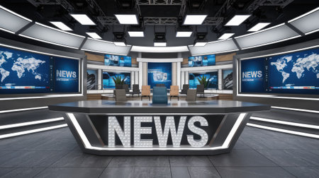 Modern virtual news studio set featuring multiple screens, advanced technology, and a sleek design, perfect for broadcasting global eventsの素材