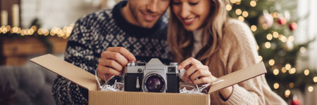 Happy couple unpacking a vintage camera christmas gift near christmas treeの素材