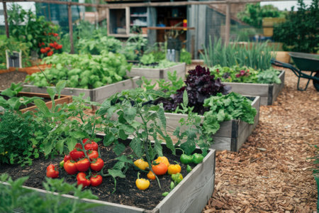 Vibrant tomatoes and peppers thrive alongside various vegetables in a well-maintained raised bed gardenの素材