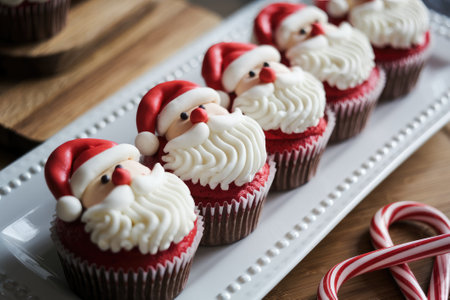 Red velvet Santa cupcakes, decorated with frosting, bring Christmas cheer to the holiday seasonの素材