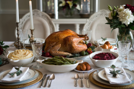 Delicious roast turkey centerpiece at a thanksgiving dinner table, surrounded by traditional side dishes and elegant decorationsの素材