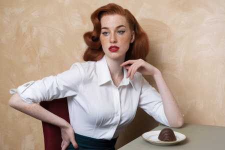 Studio portrait of a sophisticated woman with vintage hairstyle enjoying a moment of indulgence with a chocolate treatの素材
