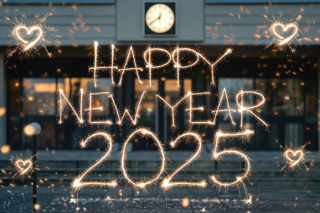 Light painting forming the words happy new year 2025 and heart shapes with sparklers in front of a building with a clockの素材