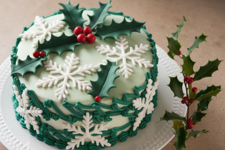 Delicious Christmas cake decorated with fondant snowflakes and holly leaves, resting on a white plateの素材