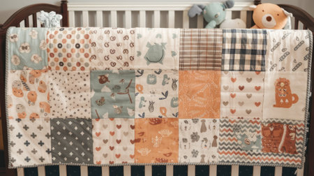 Patchwork baby quilt with various animal and nature-themed prints hanging on a cribの素材