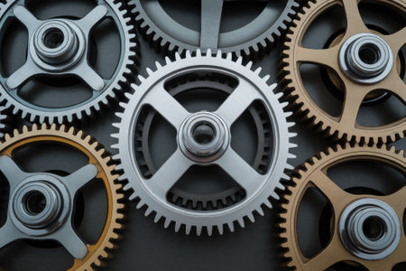 Close-up of interlocking metal gears rotating, symbolizing teamwork, engineering, and industrial processesの素材