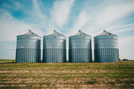 Metal grain silos store harvested crops on a farm, representing agricultural practices and food productionの素材