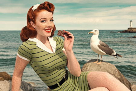 Redhead pin-up girl with freckles enjoying a chocolate bar near a seagull on a rocky beach with a lighthouse in the backgroundの素材