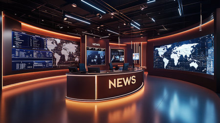 High-tech newsroom displaying global map and cityscape, ready for broadcasting breaking newsの素材