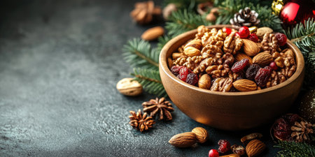 Walnuts, almonds, cranberries, and raisins create a delicious and healthy Christmas snackの素材