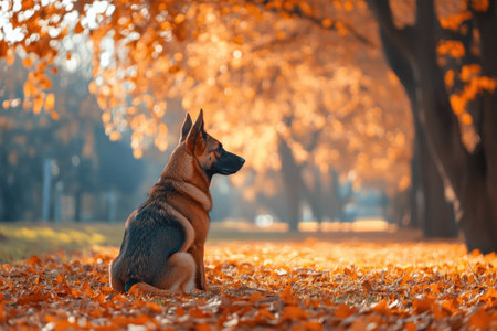 German shepherd dog enjoying a peaceful autumn day, sitting amidst fallen leaves in a serene park settingの素材