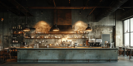 Empty industrial style coffee shop interior showing counter, kitchen equipment and furnitureの素材