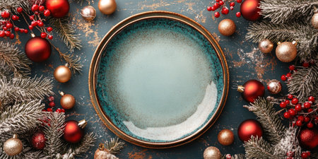 Festive table setting with empty plate, Christmas ornaments and fir branches for holiday dinnerの素材