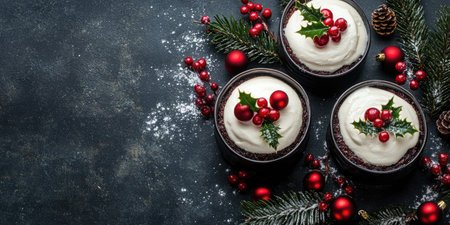 Delicious Christmas pudding cakes are decorated with whipped cream, holly berries, and red ornaments, creating a festive holiday dessertの素材