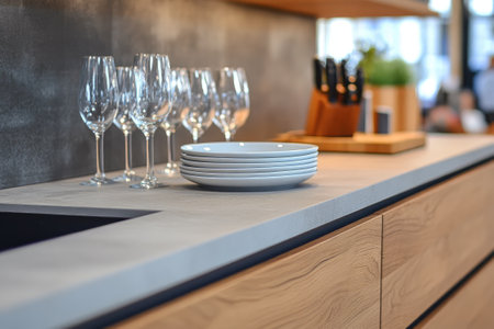 Wine glasses and a stack of plates sit on a modern kitchen counter, ready for a sophisticated meal or gatheringの素材
