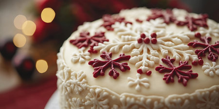 Christmas cake with snowflake and red berry decorations, creating a festive atmosphereの素材