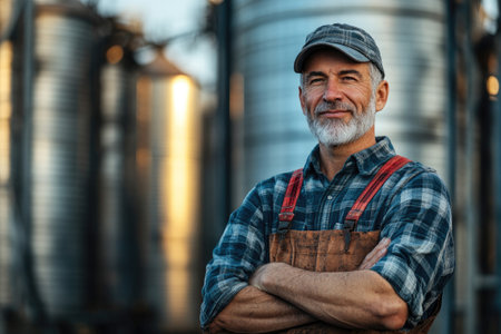 Confident mature farmer standing with arms crossed in front of silos at sunsetの素材