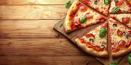 Sliced pepperoni pizza with melted mozzarella, mushrooms, and basil leaves on a rustic wooden table, creating a tempting culinary sceneの素材
