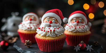 Christmas cupcakes decorated with Santa Claus faces made of frosting and red and white icing, perfect for celebrating Christmasの素材
