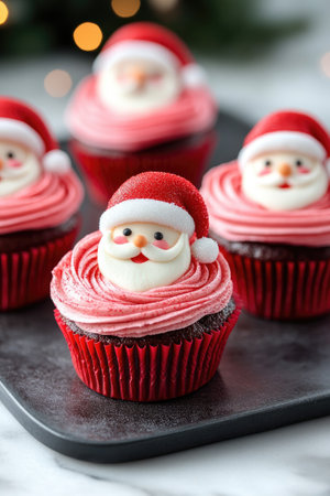 Festive Christmas cupcakes topped with Santa Claus icing decorations, perfect for holiday celebrationsの素材