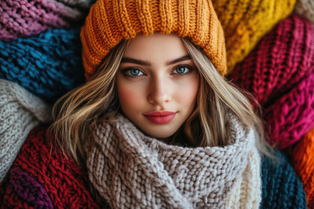 Close-up of a young woman with blue eyes and freckles, wearing an orange beanie and wrapped in colorful knitted scarves, creating a cozy and stylish autumnal lookの素材
