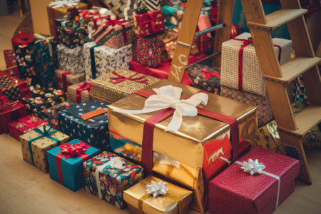 Wrapped Christmas presents with colorful ribbons and bows stacked under a wooden ladder, creating a festive holiday sceneの素材