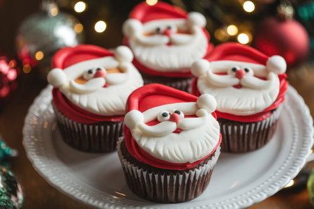 Four Christmas cupcakes decorated with Santa Claus faces, sitting on a white plate with Christmas lights and ornaments in the backgroundの素材