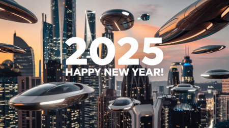 Futuristic flying vehicles navigating a vibrant cityscape illuminated at dusk, celebrating the arrival of the year 2025の素材