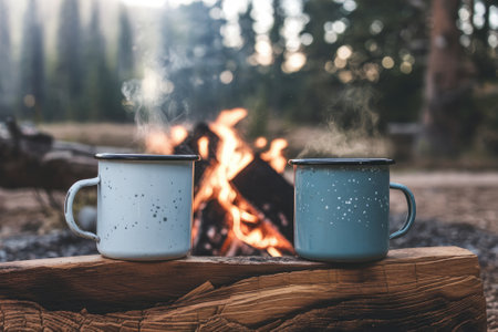 Two metal camping mugs filled with hot beverage steaming by the campfire in the woodsの素材