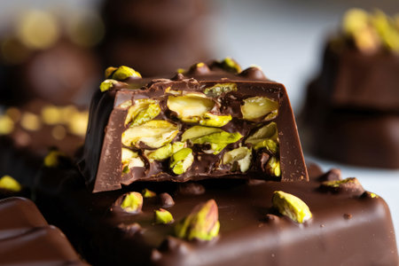 Close-up of a cut pistachio chocolate candy bar revealing its delicious fillingの素材