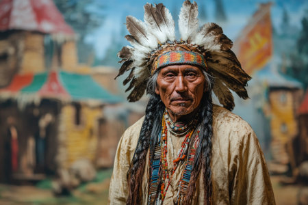 Senior native american chief wearing a feathered headdress and traditional clothing stands in his villageの素材