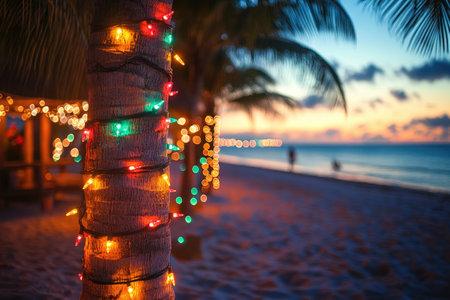 Colorful christmas lights wrapping palm tree trunk on beach at sunset, celebrating holidays in tropical paradiseの素材
