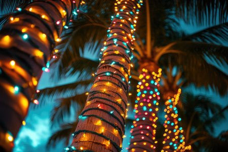Colorful christmas lights wrapped around palm tree trunks, creating a festive tropical holiday scene at nightの素材
