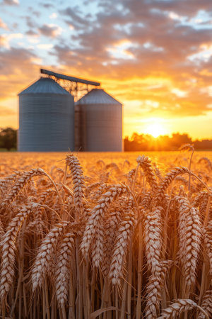 Ripe golden wheat swaying in the breeze at sunset, with grain silos in the background, creating a serene agricultural landscapeの素材