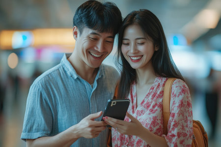 Smiling tourists consulting their phone, probably checking flight details or boarding passesの素材