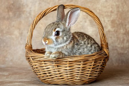 Adorable baby rabbit resting in a wicker basket, creating a charming easter or springtime sceneの素材