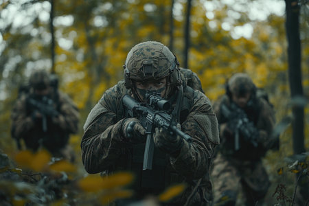 Squad of soldiers aiming rifles while patrolling forest during military operationの素材