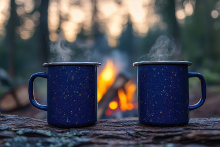 Two blue mugs of coffee sit on a table in front of a fireの素材