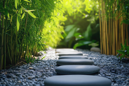Smooth gray stepping stones create a tranquil path through a vibrant green bamboo garden, bathed in warm sunlightの素材