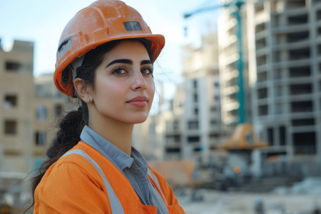 Confident female engineer wearing hard hat supervising construction site of new residential buildingの素材