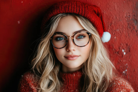 Beautiful young blonde woman wearing glasses, santa hat and red scarf smiling on red backgroundの素材