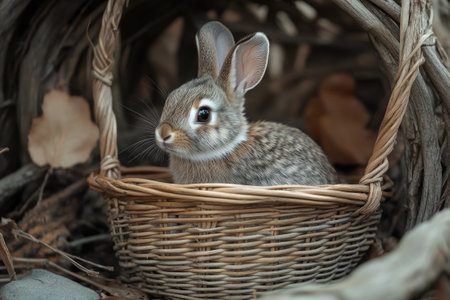 Adorable baby rabbit resting in a wicker basket surrounded by dry leaves and branches, evoking a sense of tranquility and connection with natureの素材