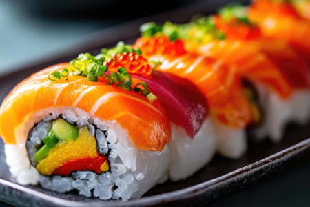 Freshly prepared rainbow uramaki sushi rolls feature salmon, tuna, and vibrant ingredients, garnished with roe and chivesの素材