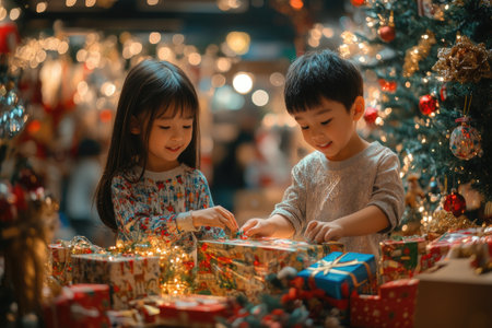 Two young Asian children opening Christmas presents near a decorated Christmas tree, enjoying festive holiday seasonの素材