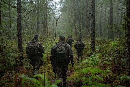 Three men in military uniforms walking through a forestの素材