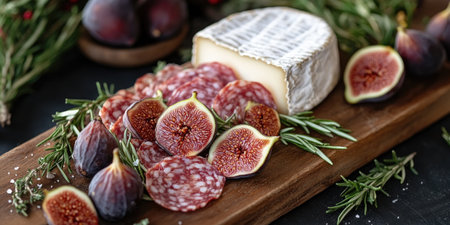 Gourmet charcuterie board featuring sliced sausage, creamy cheese, fresh figs, and fragrant rosemary, creating an enticing culinary sceneの素材