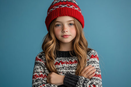 Portrait of a confident young girl wearing a red beanie and a warm winter sweater, standing with folded arms against a blue backgroundの素材
