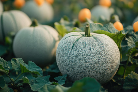 Cantaloupe melons growing in a field showing their characteristic rindの素材