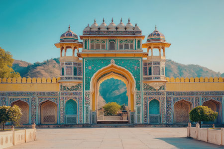 Intricate turquoise floral tile work adorns the magnificent Patrika Gate in Jaipur, India, a captivating blend of vibrant colors and traditional architectureの素材
